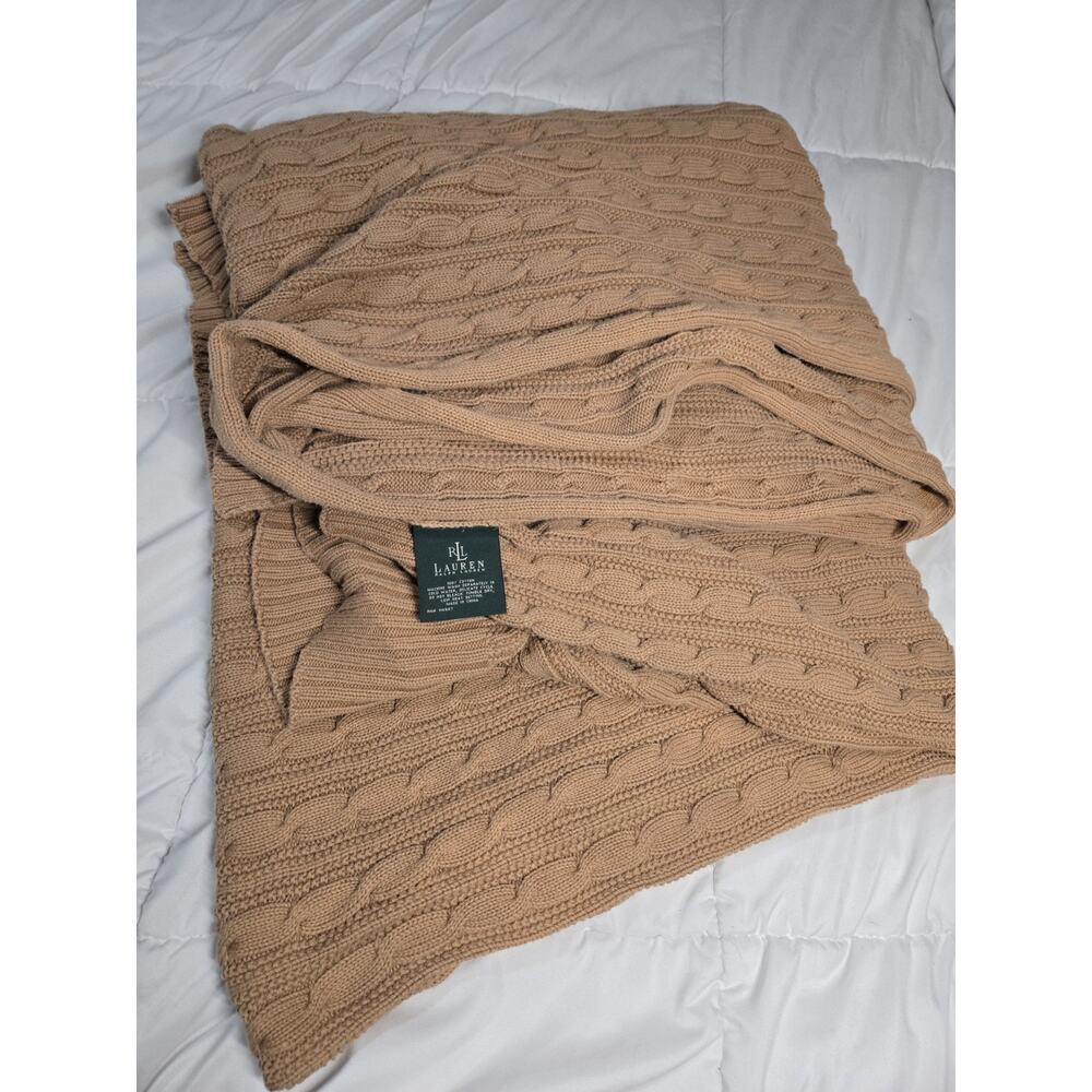 Vtg Lauren Ralph Lauren Cable Knit Cotton Throw Blanket 87x87 Brown 100% Cotton